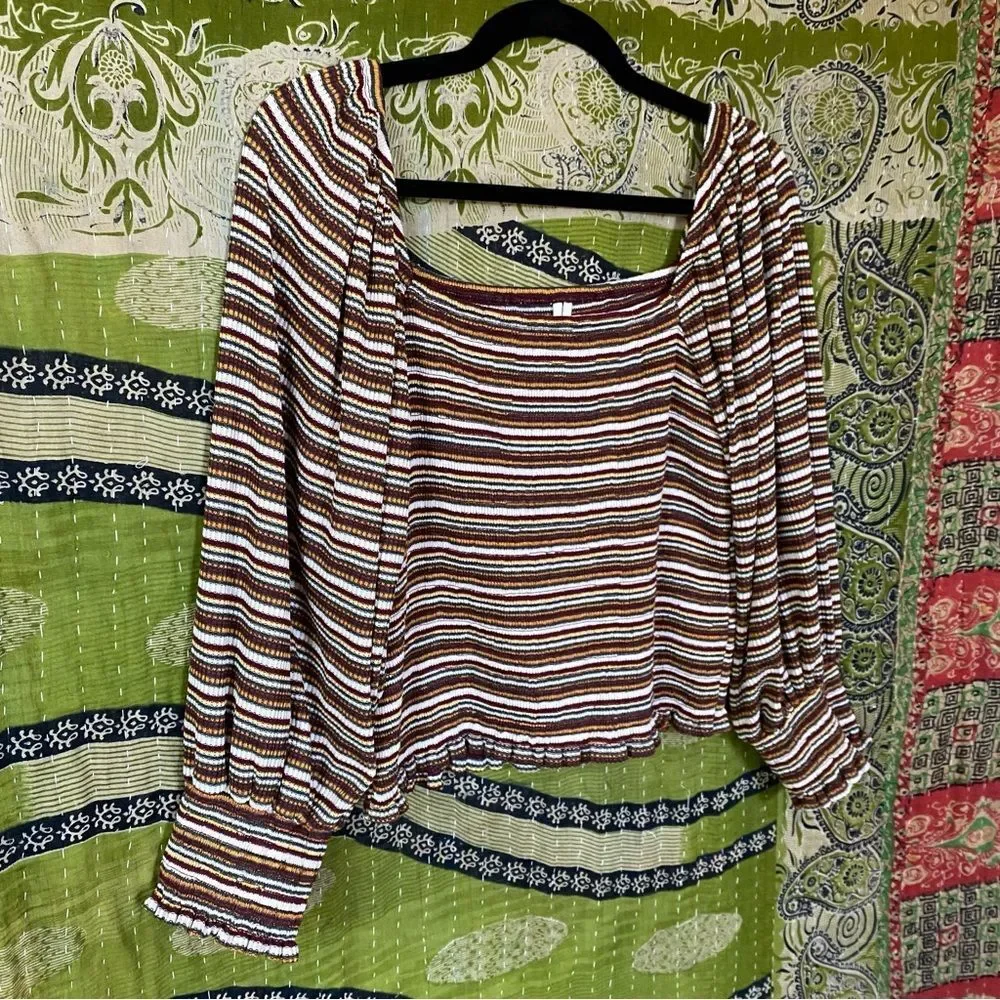 Anthropologie Multicolored Striped Smocked Puff-Sleeved Top Size Large